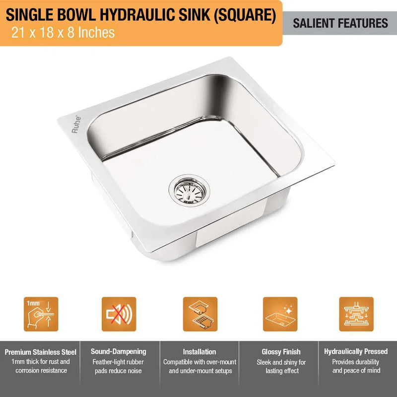 Single Bowl Premium Kitchen Sink (21 x 18 x 8 Inches)