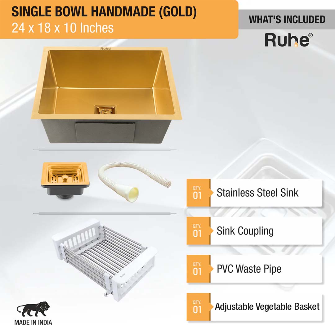 Yellow Gold Handmade Single Bowl Kitchen Sink  (24 x 18 x 10 Inches) – by Ruhe