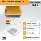 Yellow Gold Handmade Single Bowl Kitchen Sink  (24 x 18 x 10 Inches) – by Ruhe