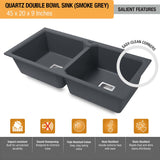 Smoke Grey Quartz Double Bowl Kitchen Sink (45 x 20 x 9 inches) - by Ruhe