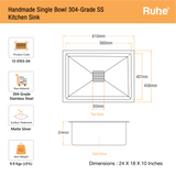 Handmade Single Bowl Kitchen Sink (24 x 18 x 10 Inches) (Dimensions)