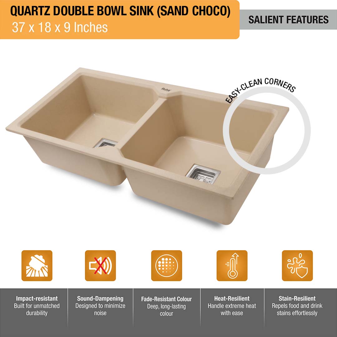 Sand Choco Quartz Double Bowl Kitchen Sink (37 x 18 x 9 inches) - by Ruhe