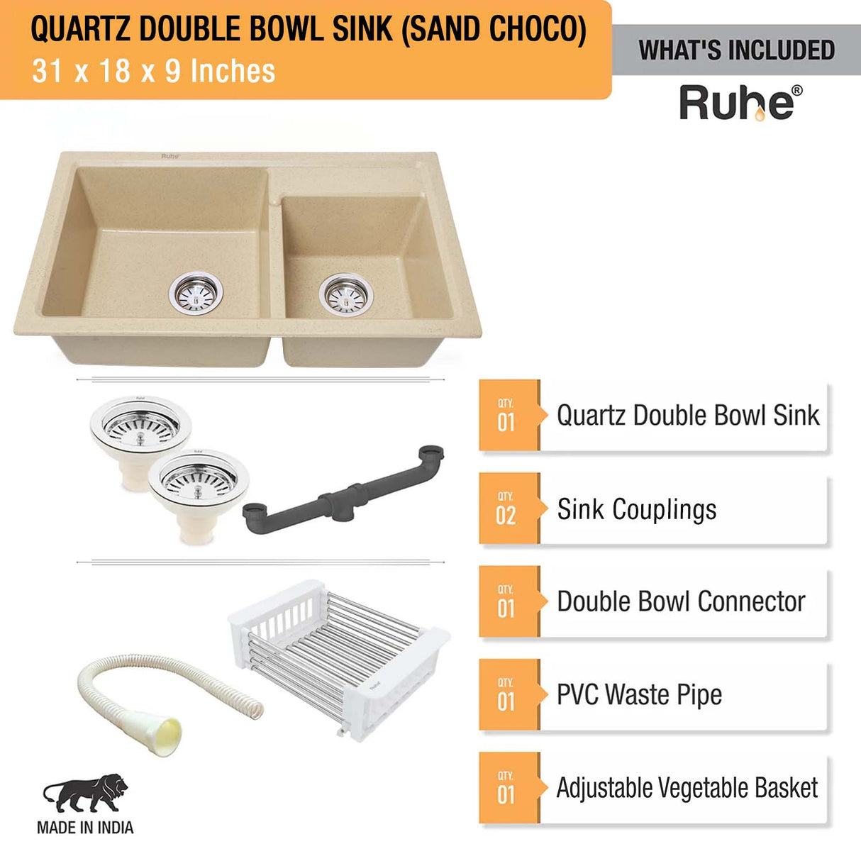 Sand Choco Quartz Double Bowl Kitchen Sink (31 x 18 x 9 inches) - by Ruhe