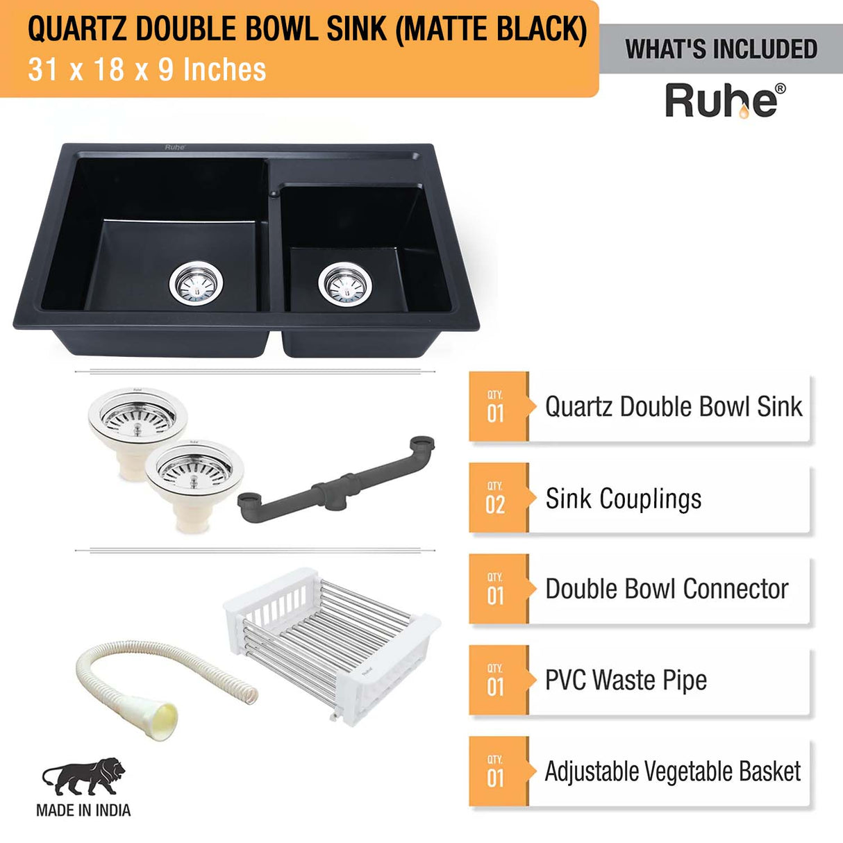 Matte Black Quartz Double Bowl Kitchen Sink (31 x 18 x 9 inches) - by Ruhe