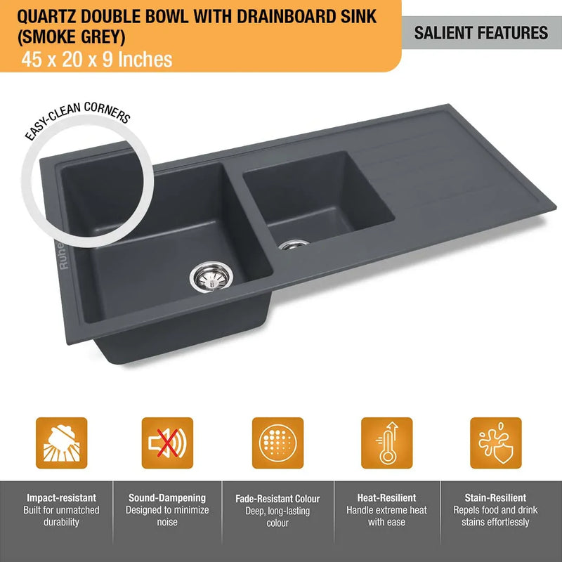 Smoke Grey Quartz Double Bowl with Drainboard Kitchen Sink (45 x 20 x 9 inches)