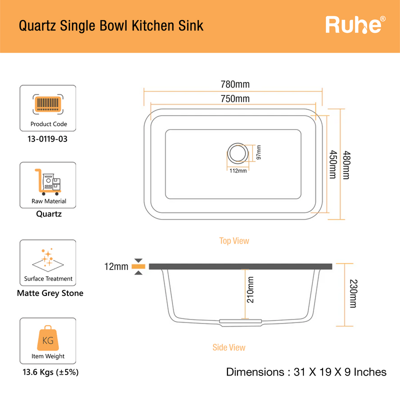 Quartz Single Bowl Matte Grey Kitchen Sink (31 x 19 x 9 Inches)