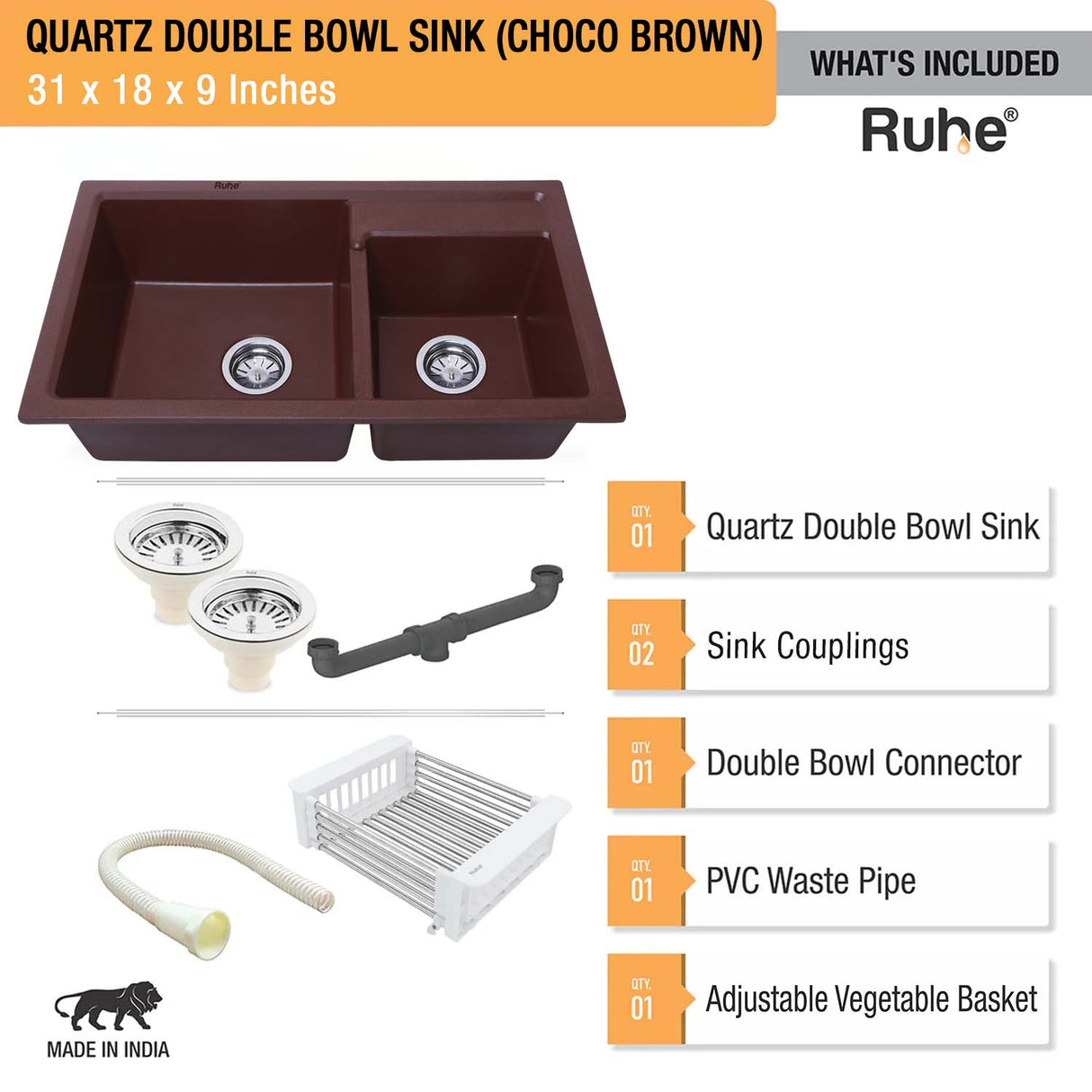 Choco Brown Quartz Double Bowl Kitchen Sink (31 x 18 x 9 inches) - by Ruhe