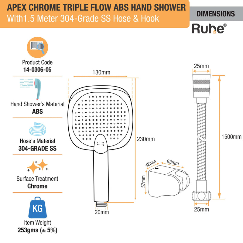 Apex Multiflow Hand Shower with 304-grade SS Hose & Hook