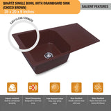 Choco Brown Quartz Single Bowl with Drainboard &nbsp;Kitchen Sink (39 x 20 x 9 inches) - by Ruhe