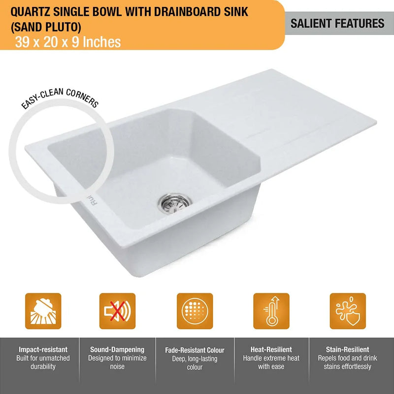 Sand Pluto Quartz Single Bowl with Drainboard Kitchen Sink (39 x 20 x 9 inches)