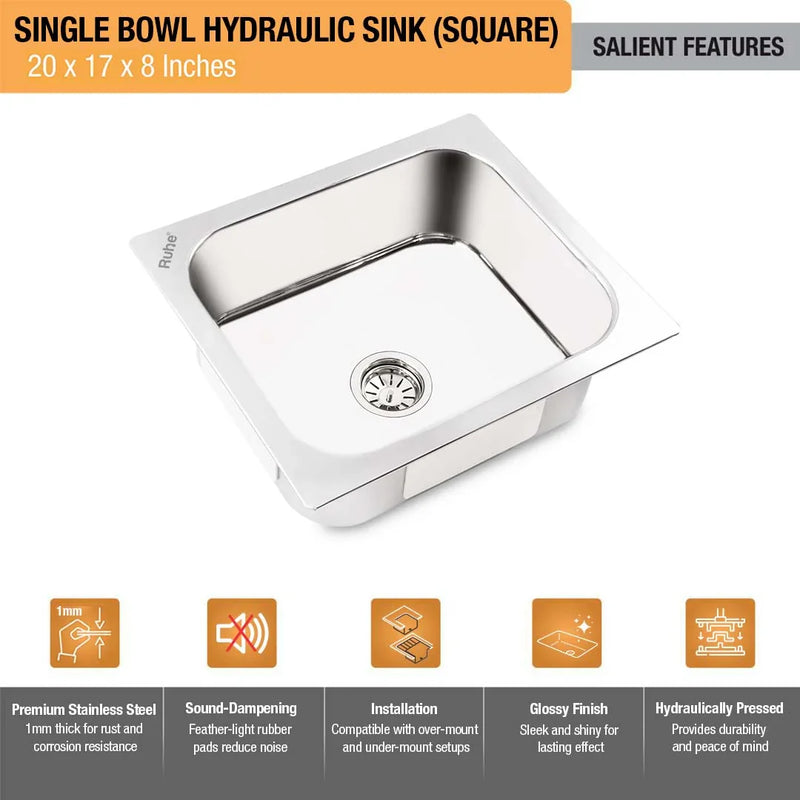 Single Bowl Premium Kitchen Sink (20 x 17 x 8 Inches)