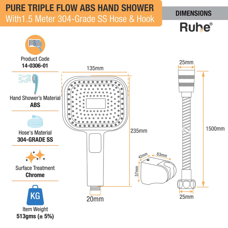 Pure Multiflow Hand Shower with 304-grade SS Hose & Hook