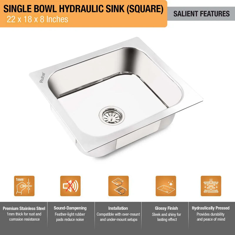 Single Bowl Premium Kitchen Sink (22 x 18 x 8 Inches)