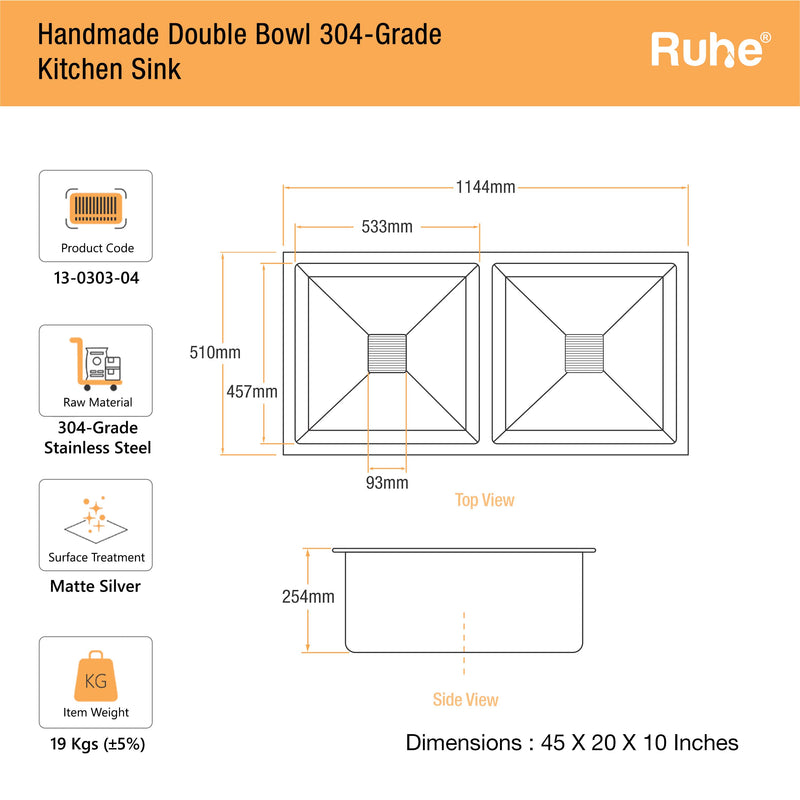 Handmade Double Bowl Kitchen Sink (45 x 20 x 10 Inches)