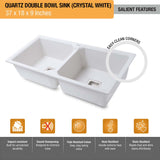 Crystal White Quartz Double Bowl Kitchen Sink (37 x 18 x 9 inches) - by Ruhe