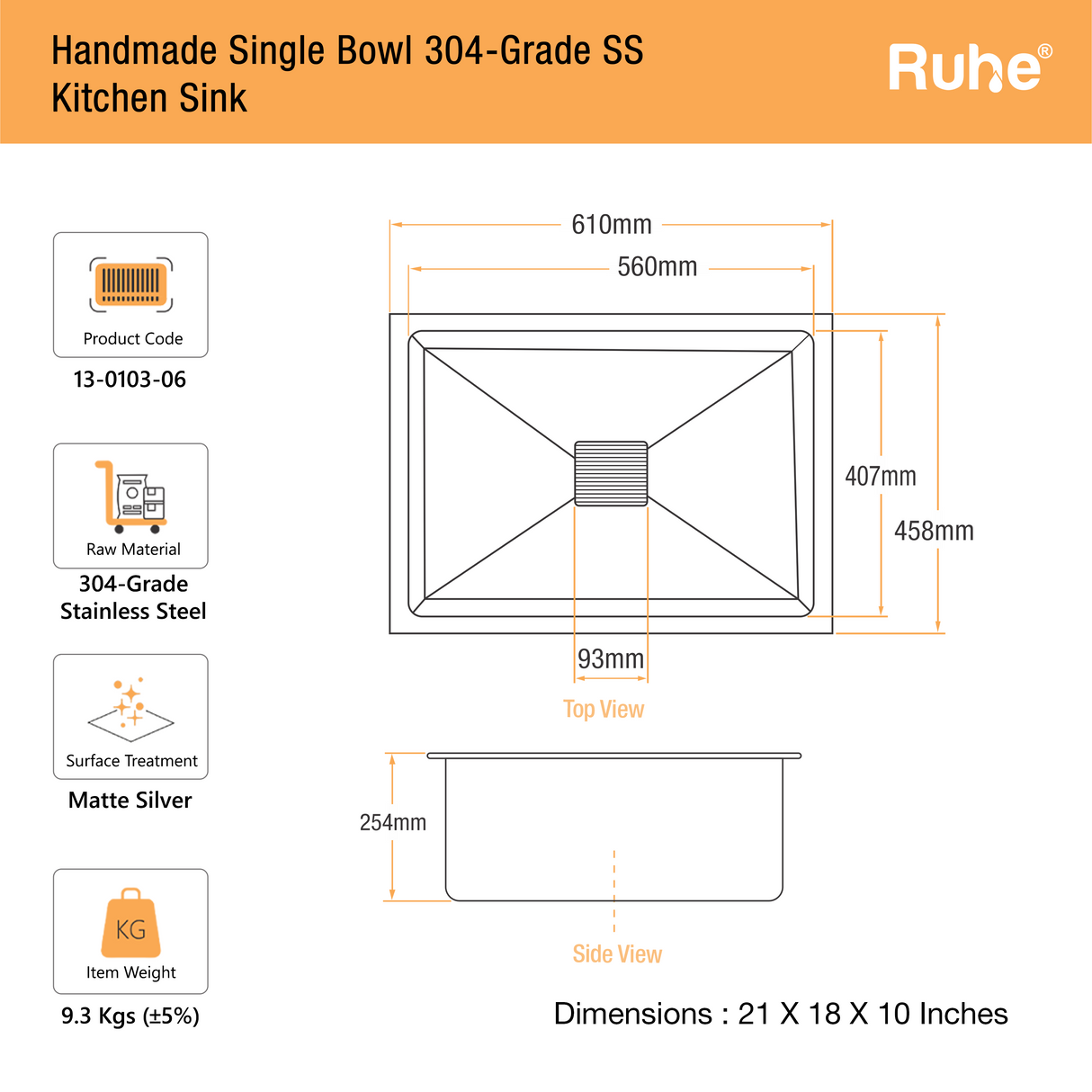 Handmade Single Bowl Kitchen Sink (21 x 18 x 10 Inches)
