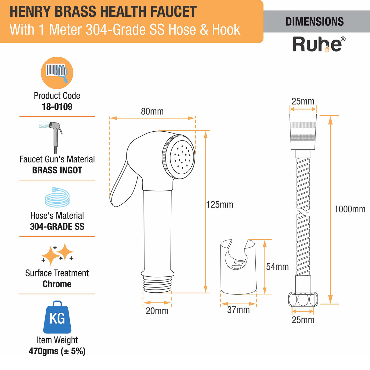 Henry Brass Health Faucet with 1 Meter 304-Grade SS Hose & Hook