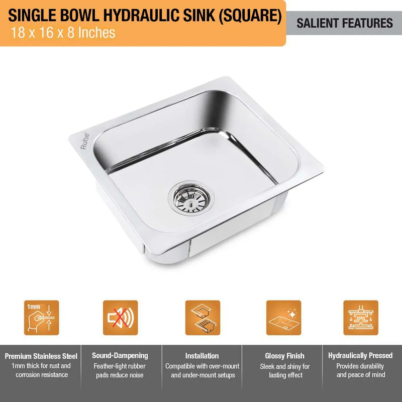 Single Bowl Premium Kitchen Sink (18 x 16 x 8 Inches)