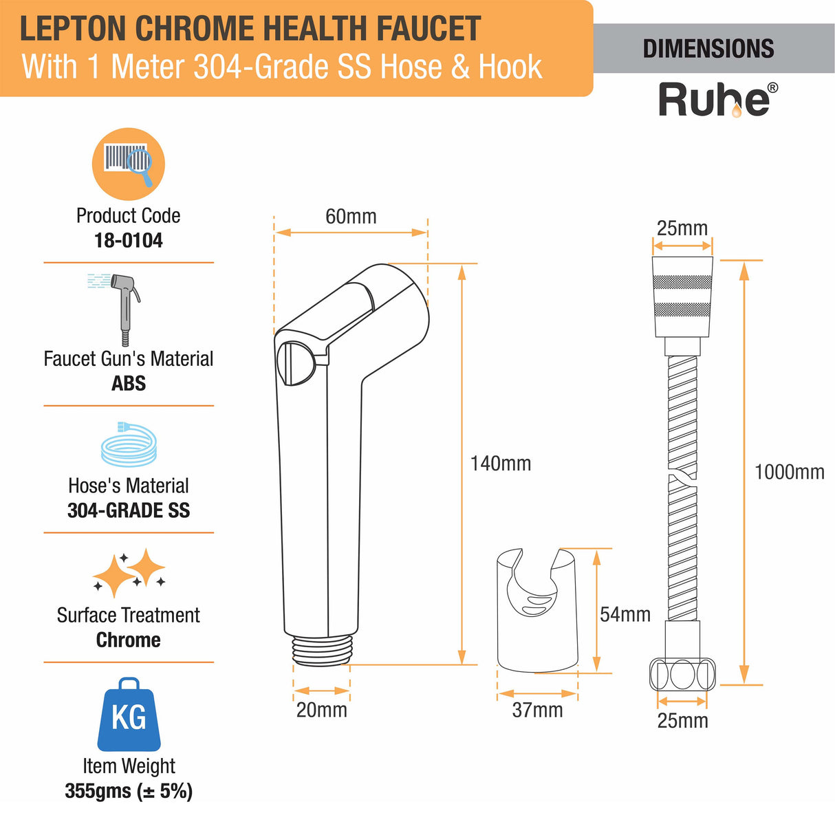 Lepton Chrome Health Faucet with 1 Meter 304-Grade SS Hose & Hook
