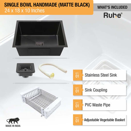 Black Handmade Single Bowl Kitchen Sink  (24 x 18 x 10 Inches) – by Ruhe