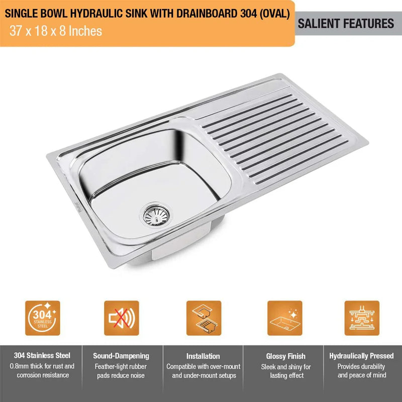 Oval Single Bowl with Drainboard Kitchen Sink 304-Grade (37 x 18 x 8 Inches)