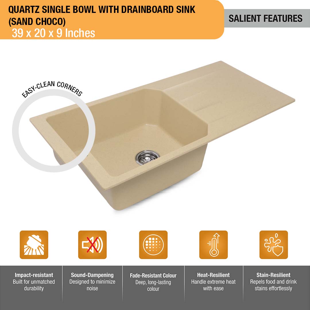 Sand Choco Quartz Single Bowl with Drainboard  Kitchen Sink (39 x 20 x 9 inches) - by Ruhe