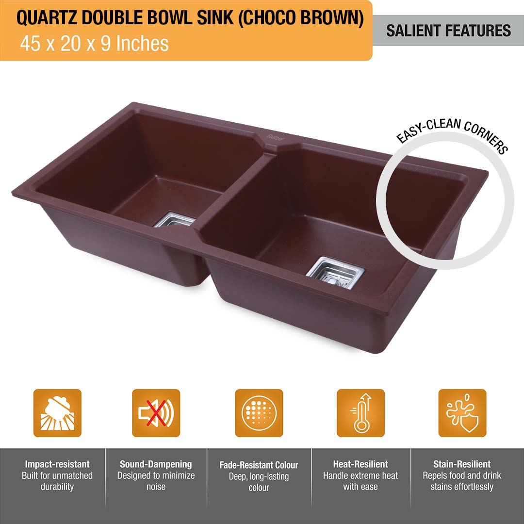 Choco Brown Quartz Double Bowl Kitchen Sink (45 x 20 x 9 inches) - by Ruhe