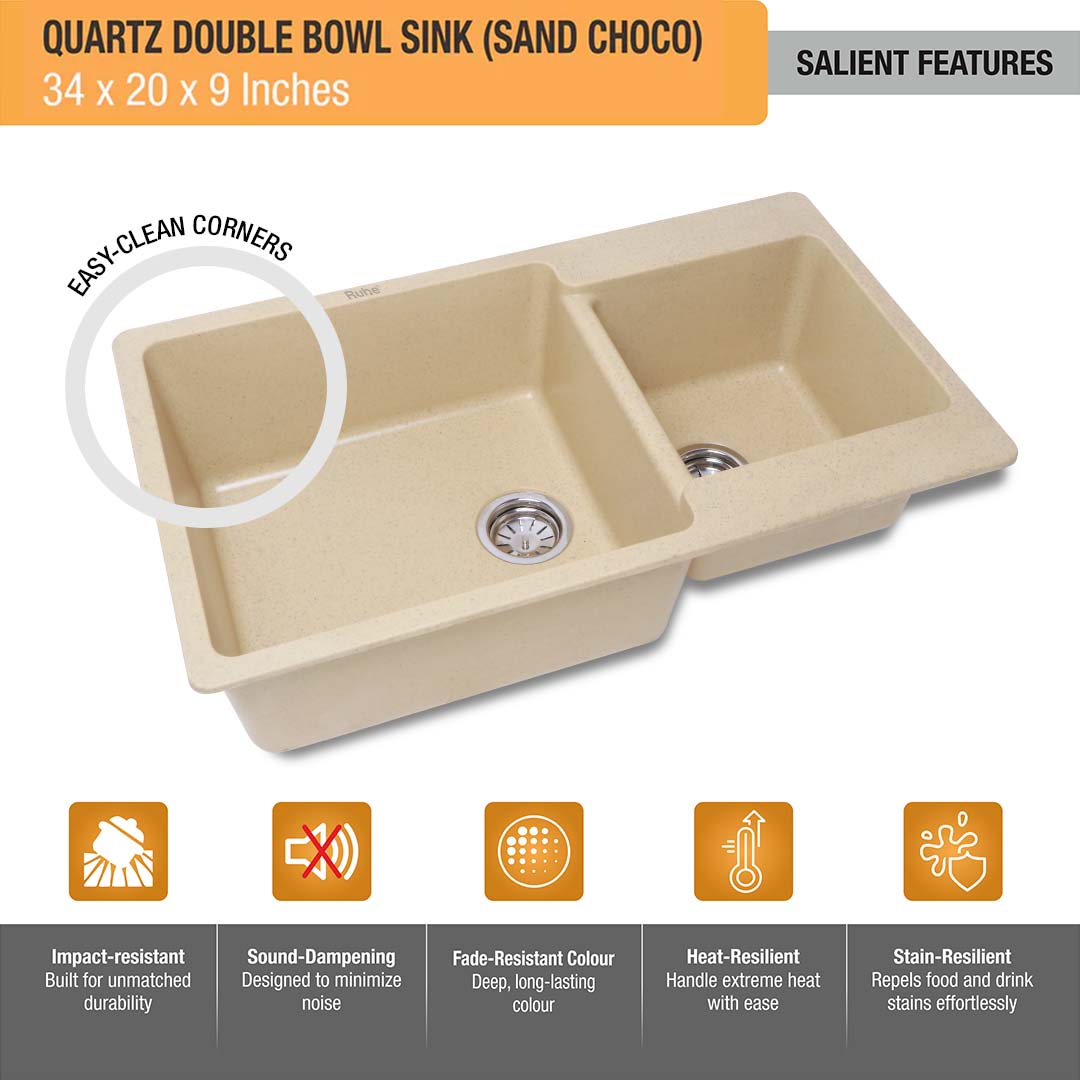 Sand Choco Quartz Double Bowl Kitchen Sink (34 x 20 x 9 inches) - by Ruhe