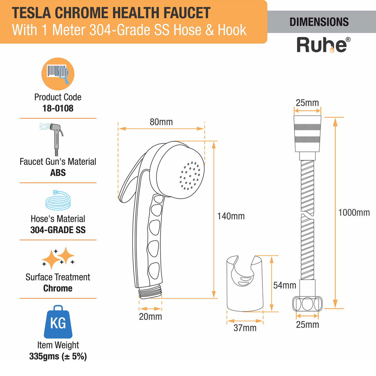 Tesla Chrome Health Faucet with 1 Meter 304-Grade SS Hose & Hook