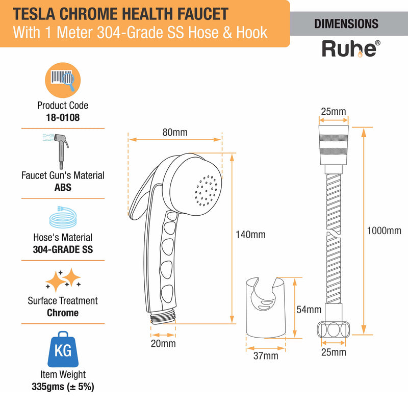 Tesla Chrome Health Faucet with 1 Meter 304-Grade SS Hose & Hook