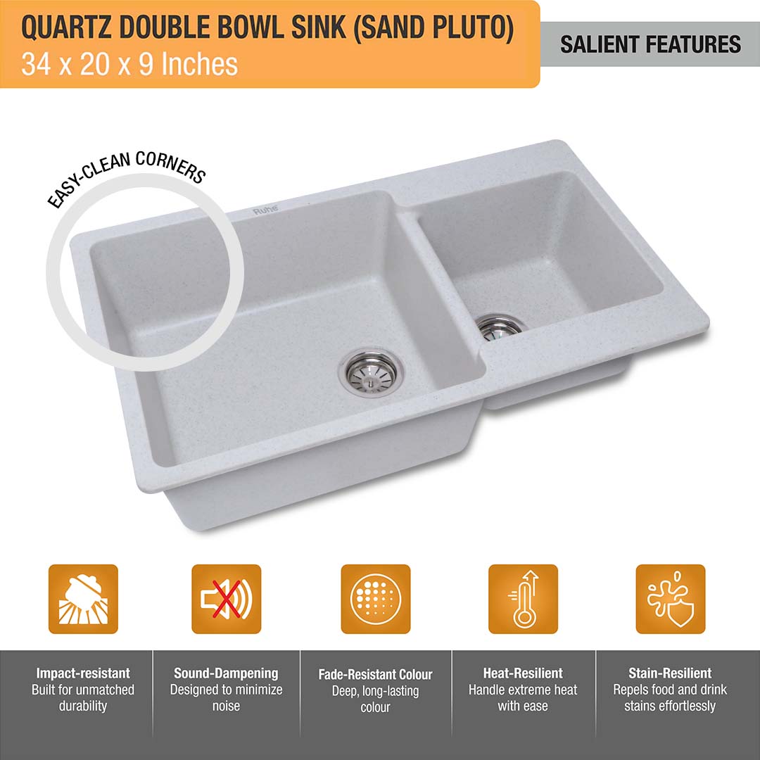 Sand Pluto Quartz Double Bowl Kitchen Sink (34 x 20 x 9 inches) - by Ruhe