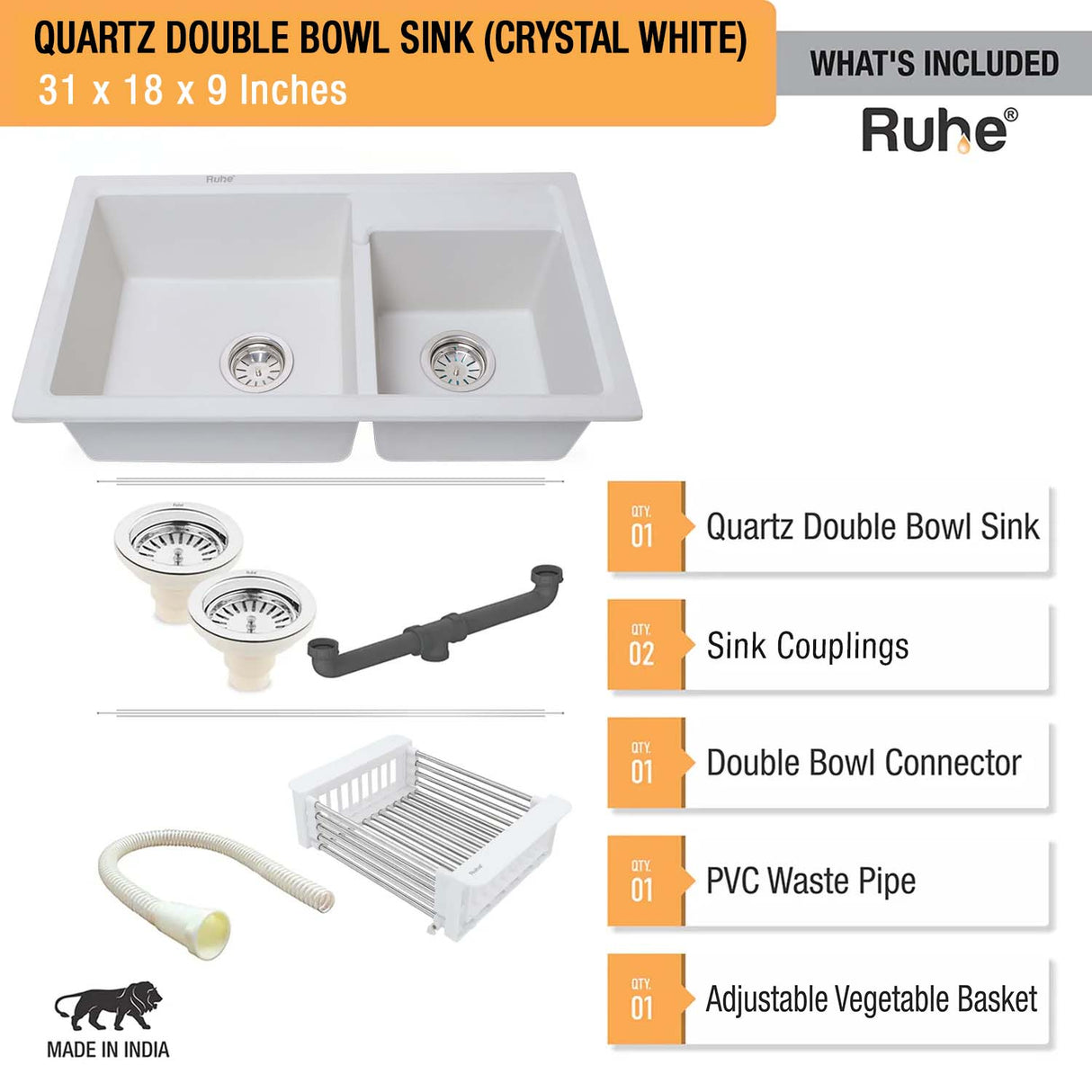 Crystal White Quartz Double Bowl Kitchen Sink (31 x 18 x 9 inches) - by Ruhe