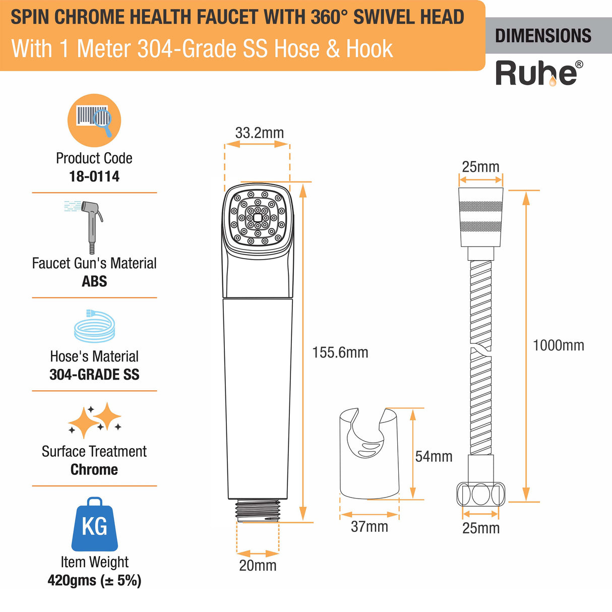 Spin Chrome Health Faucet with 360 ° Swivel Head and 1 Meter 304-Grade SS Hose & Hook