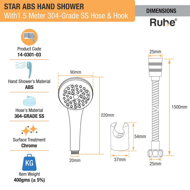 Star ABS Hand Shower with 304-grade SS Hose & Hook