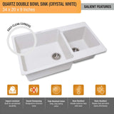 Crystal White Quartz Double Bowl Kitchen Sink (34 x 20 x 9 inches) - by Ruhe