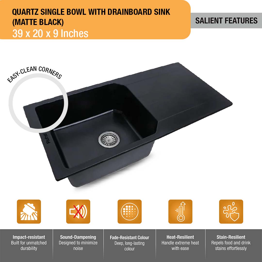 Matte Black Quartz Single Bowl with Drainboard  Kitchen Sink (39 x 20 x 9 inches) - by Ruhe