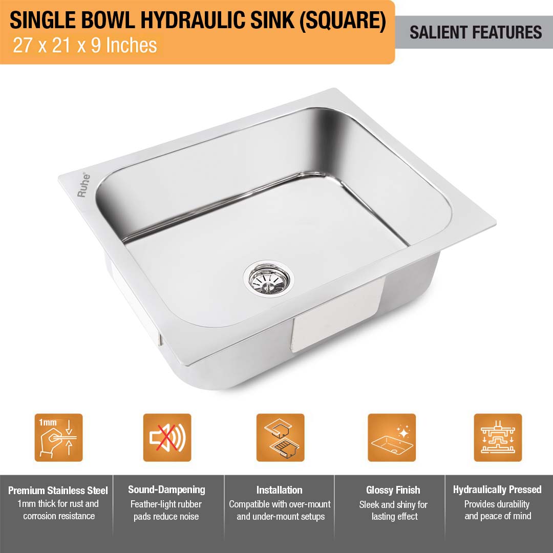 Square Single Bowl Kitchen Sink (27 x 21 x 9 inches)– by Ruhe