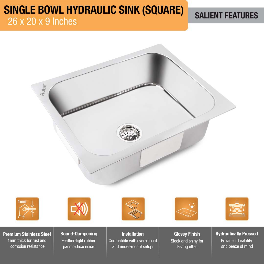 Square Single Bowl Kitchen Sink (26 x 20 x 9 inches) – by Ruhe