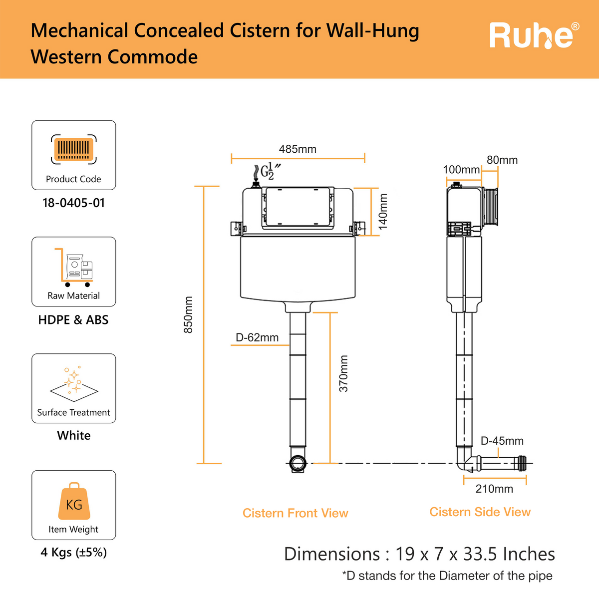 Mechanical Concealed Cistern for Wall-Hung Commode (Tank Only)