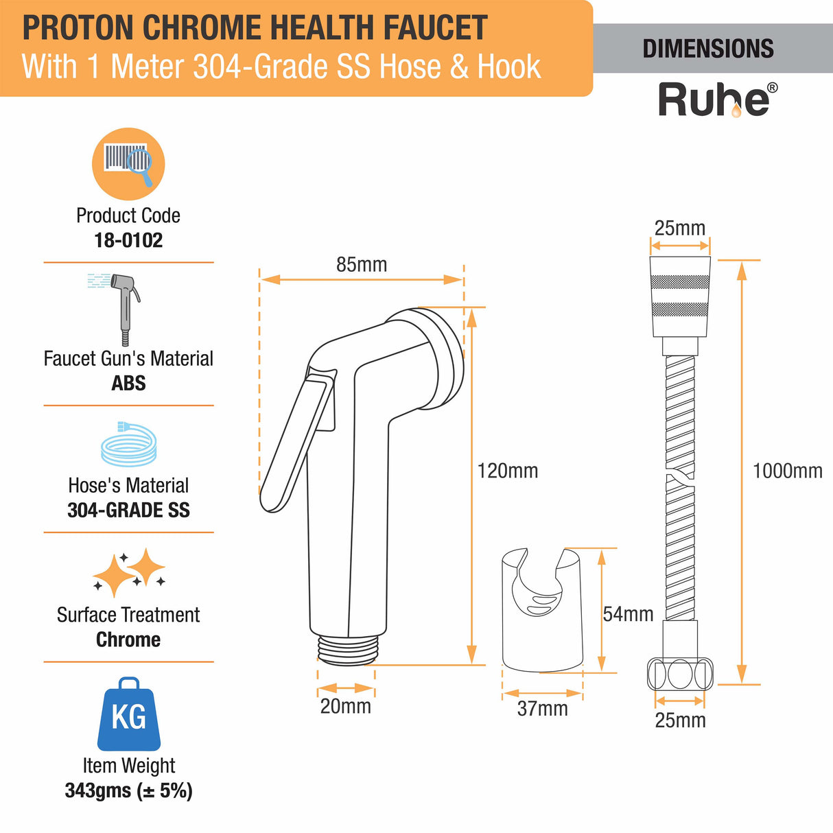 Proton Chrome Health Faucet with 1 Meter 304-Grade SS Hose & Hook