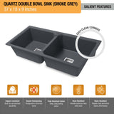 Smoke Grey Quartz Double Bowl Kitchen Sink (37 x 18 x 9 inches) - by Ruhe