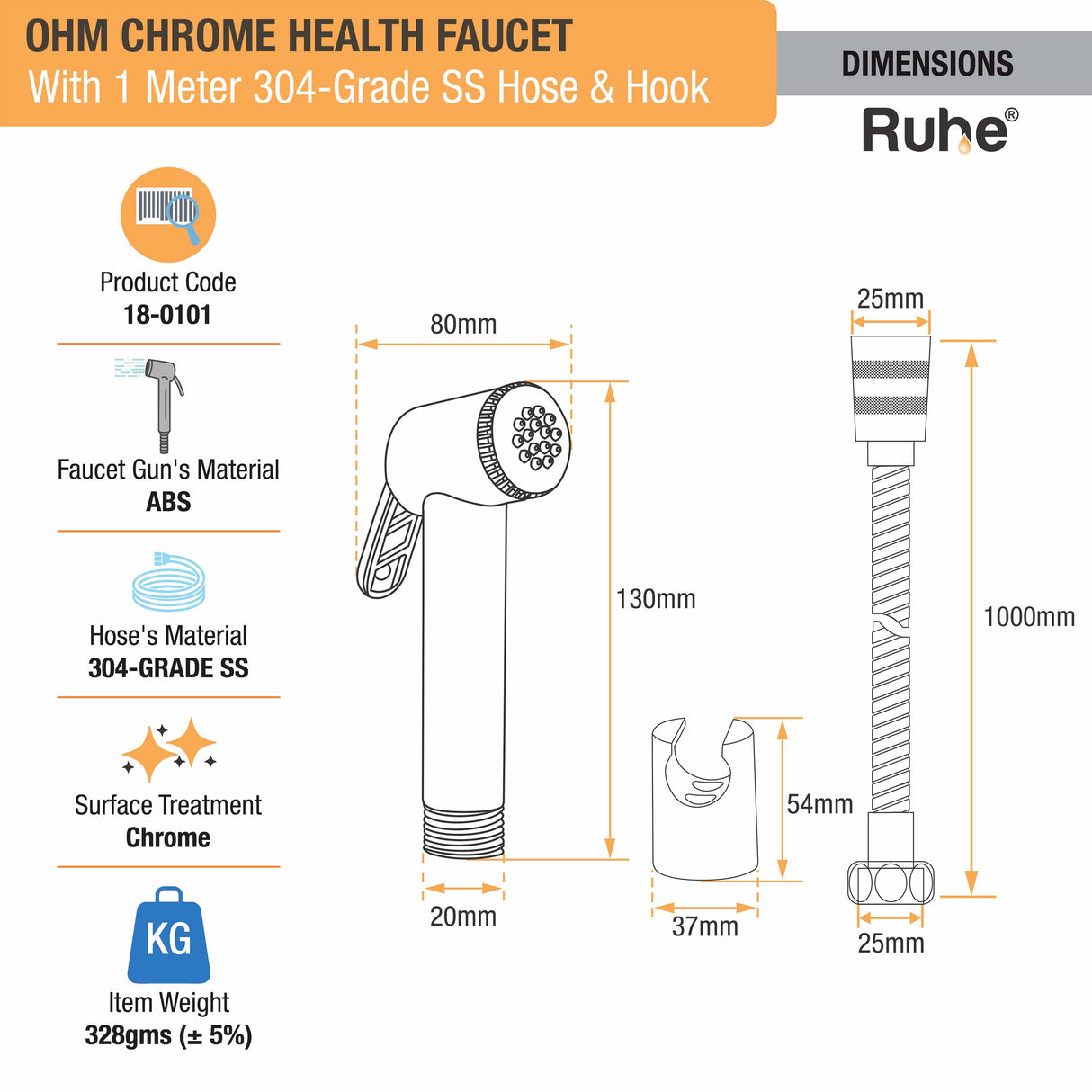 OHM Chrome Health Faucet with 1 Meter 304-Grade SS Hose & Hook