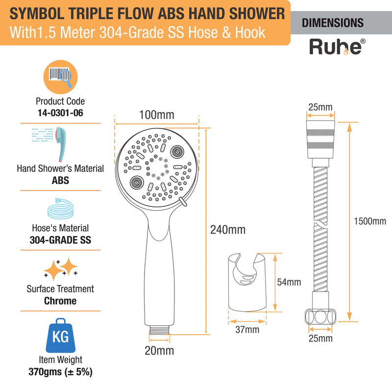 Symbol Triple Flow ABS Hand Shower with 304-grade SS Hose & Hook