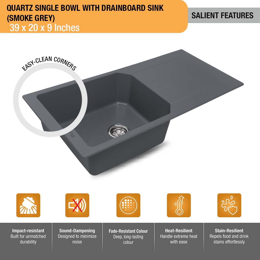 Smoke Grey Quartz Single Bowl with Drainboard  Kitchen Sink (39 x 20 x 9 inches) - by Ruhe