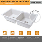 Crystal White Quartz Double Bowl Kitchen Sink (45 x 20 x 9 inches) - by Ruhe