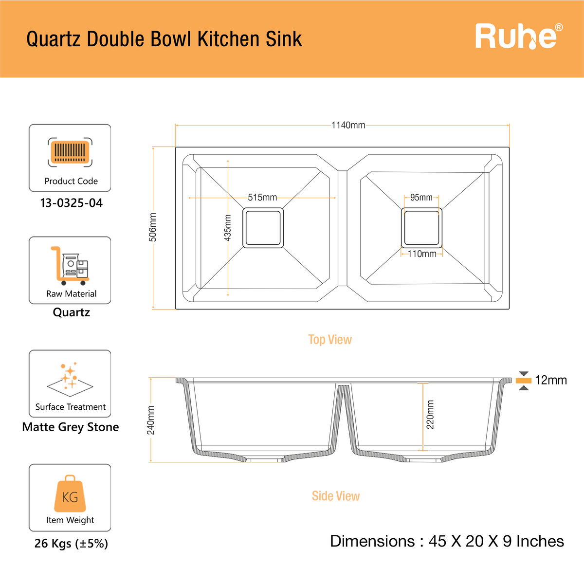 Quartz Double Bowl Kitchen Sink Grey Stone (45 x 20 x 9 inches)