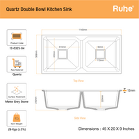Quartz Double Bowl Kitchen Sink (45 x 20 x 9 Inches) – Grey Stone