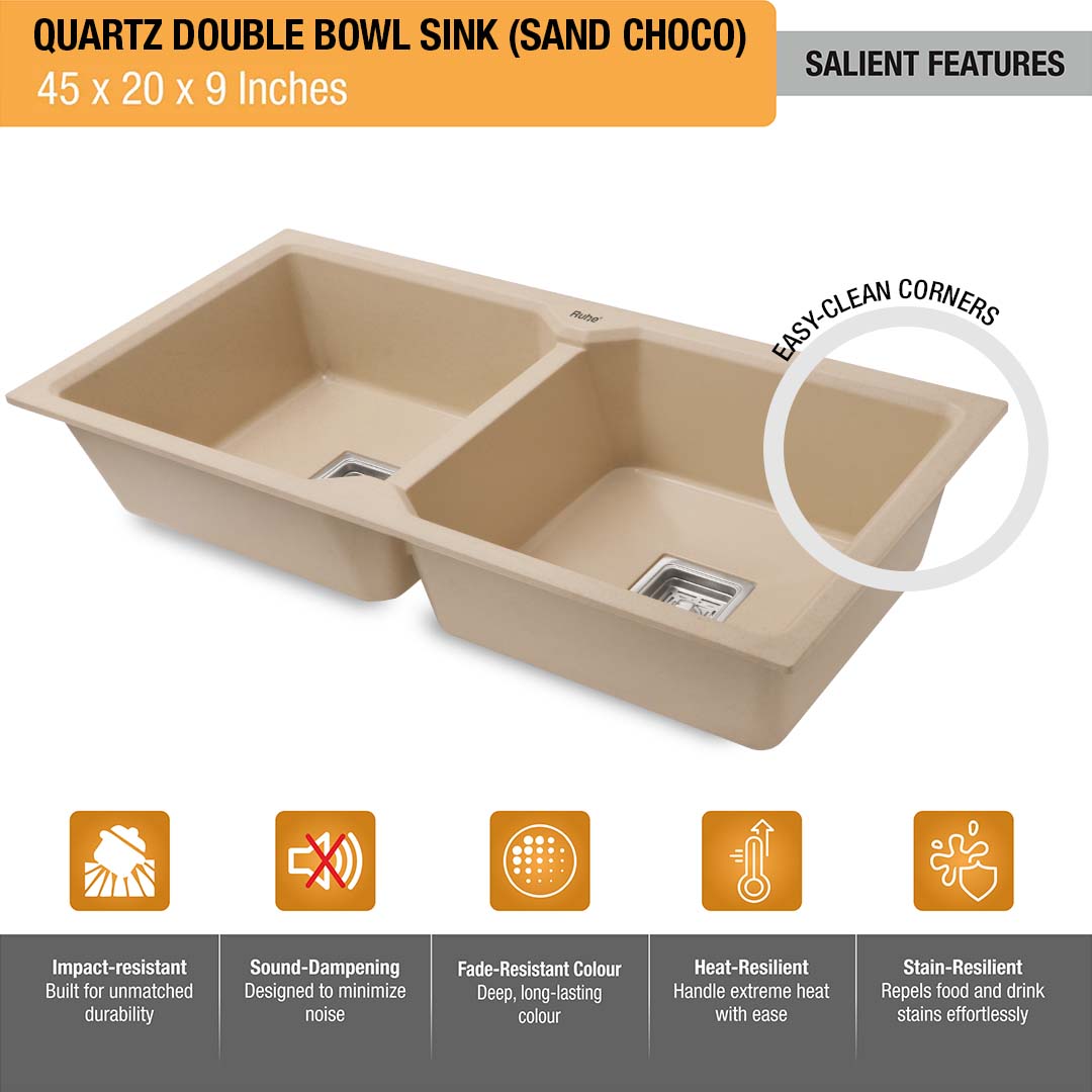 Sand Choco Quartz Double Bowl Kitchen Sink (45 x 20 x 9 inches) - by Ruhe