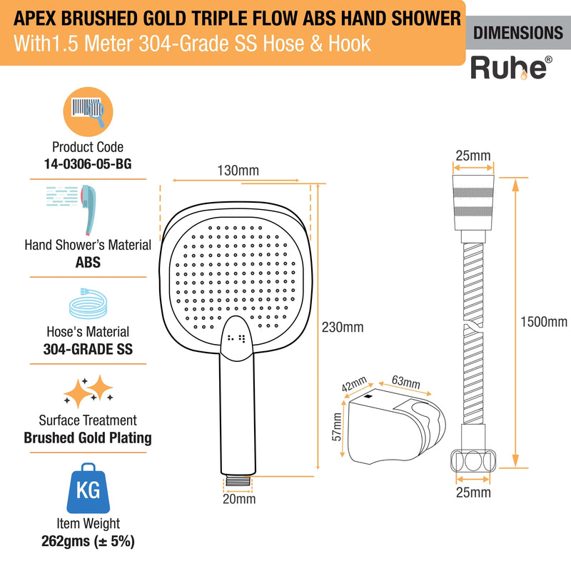 Apex Multiflow Hand Shower with 304-grade SS Hose & Hook