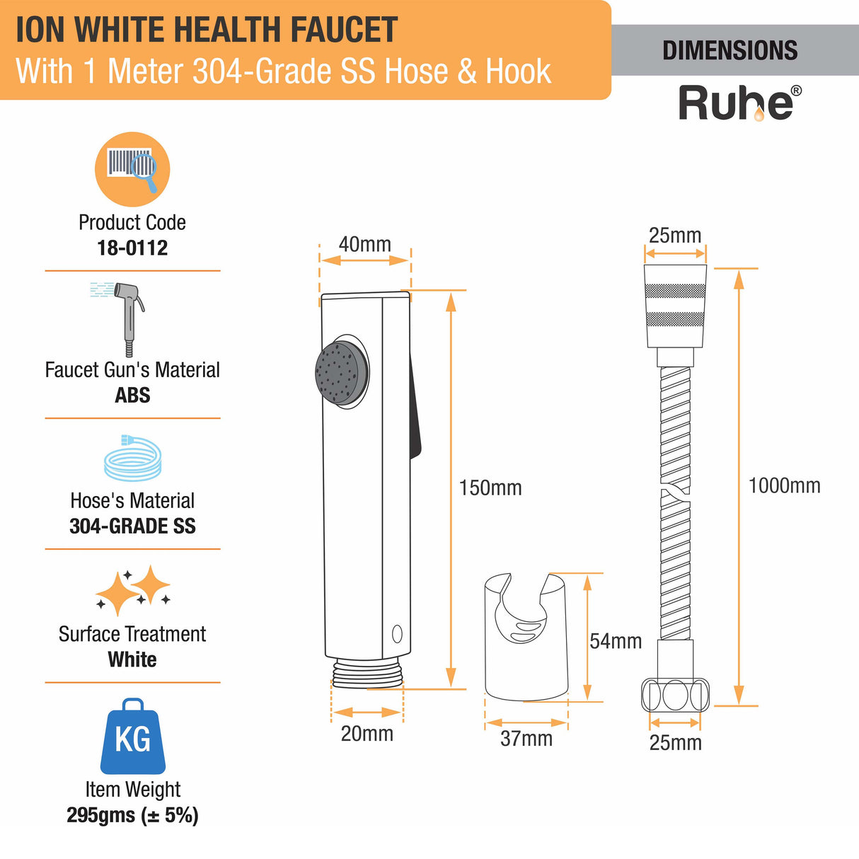 Ion White Health Faucet with 1 Meter 304-Grade SS Hose & Hook